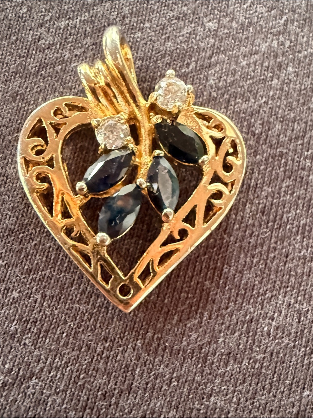 Vintage Gold Plated Sapphire and Quartz Filigree Heart Pendant Marquise Sapphire